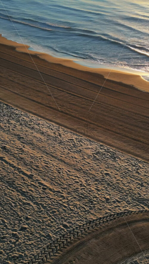 Aerial drone view of palm trees on the beach in Alicante, Spain at sunset. Vertical - Starpik Stock