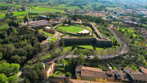 Aerial drone view of the Medicea Fortress in Arezzo, Italy in daylight - Starpik Stock