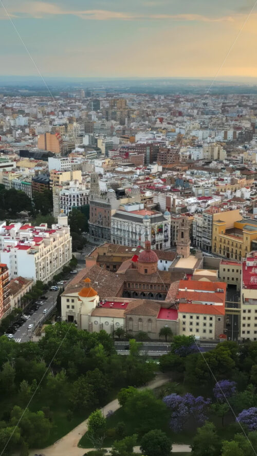 Aerial drone view of the buildings near the Mestalla Stadium in Valencia, Spain in daylight. Vertical - Starpik Stock