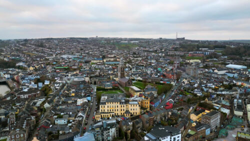 Aerial drone view of the center of Cork city in Ireland in daylight - Starpik Stock