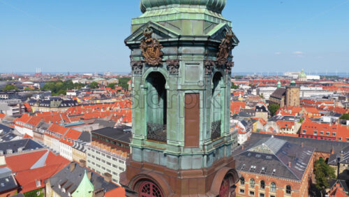 Aerial drone view of the copper tower of Christiansborg Palace with panoramic views of central Copenhagen, Denmark - Starpik Stock