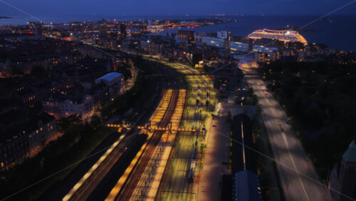 Aerial drone view of the platforms and historic station building, Copenhagen, Denmark - Starpik Stock