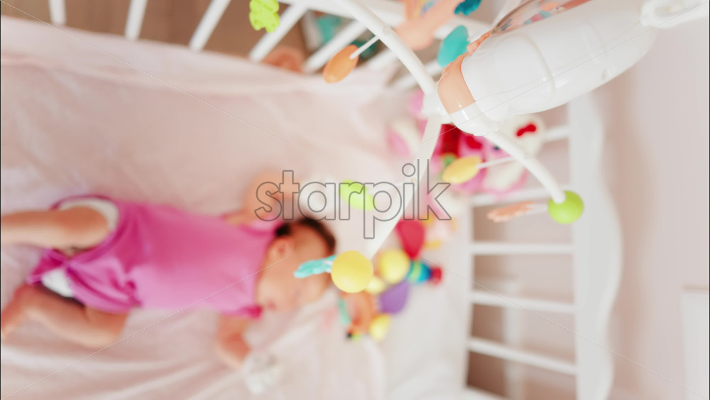 Baby lying on a bed in a pink outfit, looking up at a colourful hanging mobile toy - Starpik Stock