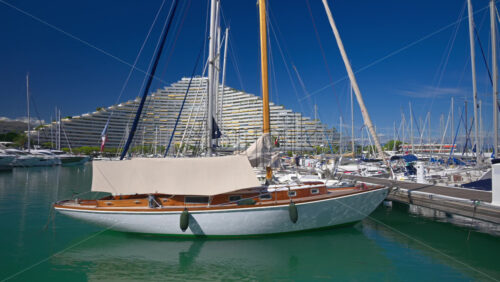 Boats docked in the Marina Baie des Anges in Villeneuve-Loubet, France in daylight - Starpik Stock