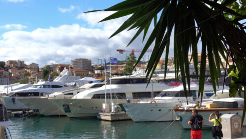 Cannes, France – July 2, 2025: Multiple white boats docked in the Old Port of Cannes in daylight - Starpik Stock