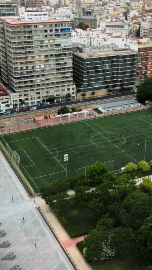 Cars and public transportation moving on the Exhibition Bridge near the Mestalla Stadium, and the Turia Gardens Park in Valencia, Spain. Vertical - Starpik Stock