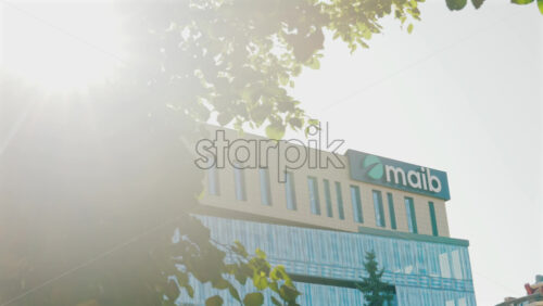 Chisinau, Moldova – August 25, 2025: Modern office building with MAIB logo, captured under bright sunlight with tree branches in the foreground - Starpik Stock