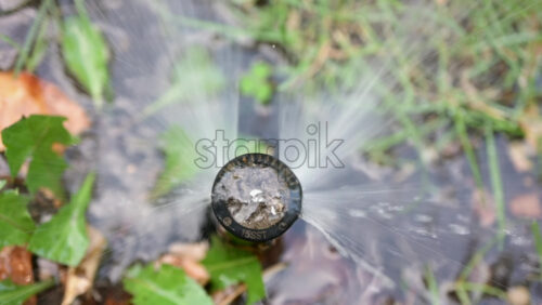 Chisinau, Moldova -August 20, 2025: Close up view of a sprinkler head spraying water with dirt in it - Starpik Stock