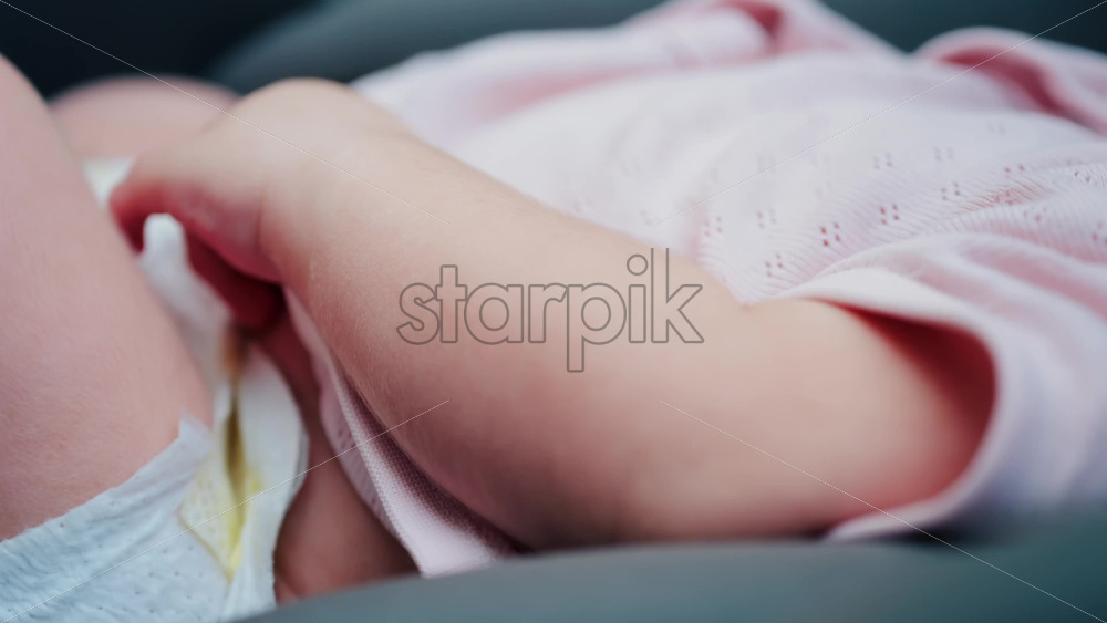 Close up of a baby legs and tiny hands while sitting in a stroller - Starpik Stock