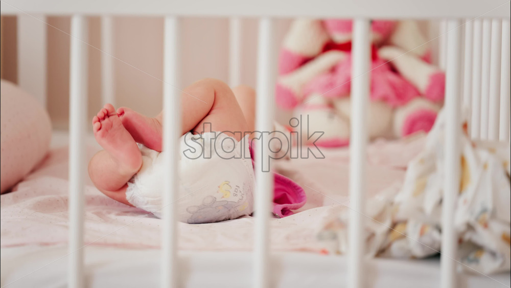 Close up of a baby’s legs and diaper as the infant rests in a crib, seen through the crib bars - Starpik Stock