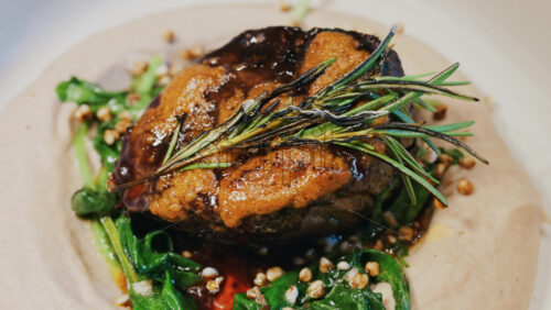 Close up of a beautifully plated beef filet, topped with a golden crust and garnished with rosemary - Starpik Stock