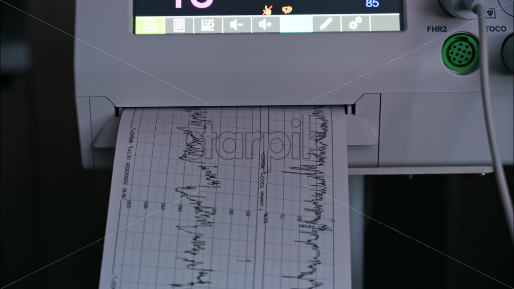 Close-up of a fetal monitor in a doctor’s office, displaying fetal heart rate and uterine contraction data during a prenatal check-up - Starpik Stock