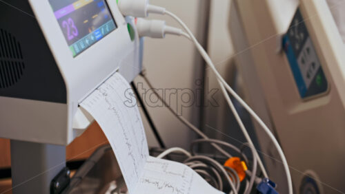 Close-up of a fetal monitor in a doctor’s office, displaying fetal heart rate and uterine contraction data during a prenatal check-up - Starpik Stock