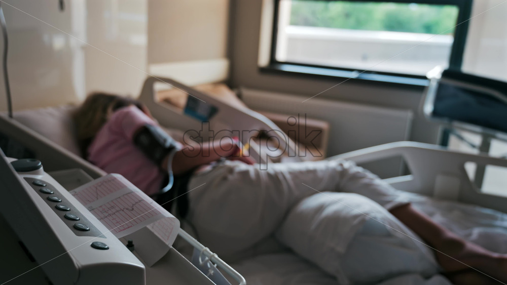 Close-up of a fetal monitor in a doctor’s office, displaying fetal heart rate and uterine contraction data during a prenatal check-up with a blurred view of a pregnant woman lying in a hospital bed - Starpik Stock