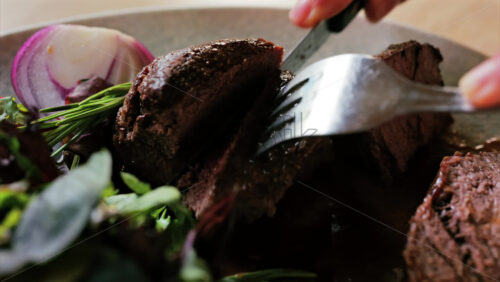 Close up of a filet mignon with a red wine sauce and a fresh salad garnish - Starpik Stock