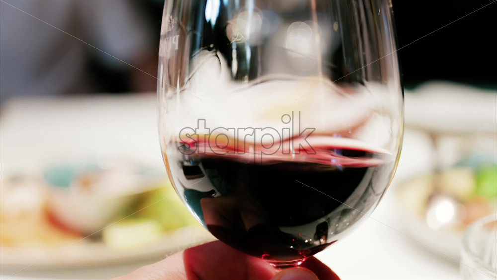 Close up of a glass of red wine being swirled showcasing the rich ruby colour - Starpik Stock