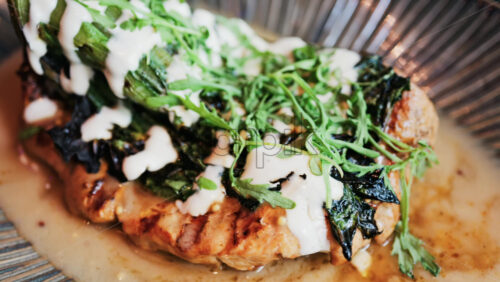 Close up of a grilled chicken breast with charred greens and a creamy dressing on a plate - Starpik Stock