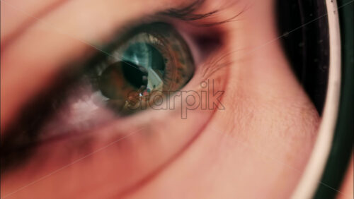 Close up of a human eye with green-brown iris and visible eyelashes - Starpik Stock