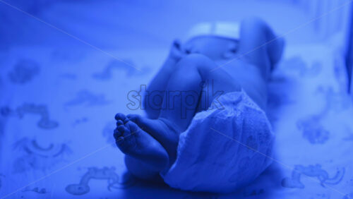 Close up of a newborn baby moving around on a crib mattress, wearing a diaper with calming blue lighting - Starpik Stock