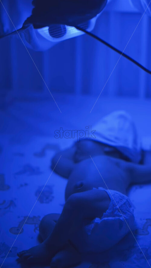 Close up of a newborn baby moving around on a crib mattress, wearing a diaper with calming blue lighting. Vertical - Starpik Stock