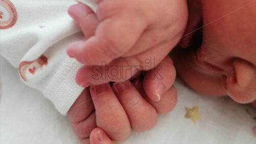 Close up of a newborn baby’s tiny hand clenched in soft natural light while resting - Starpik Stock