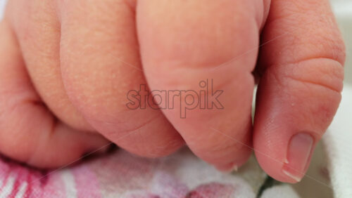 Close up of a newborn baby’s tiny hand clenched in soft natural light while resting - Starpik Stock