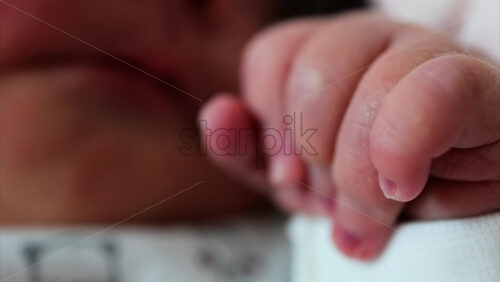 Close up of a newborn baby’s tiny hand clenched in soft natural light while resting - Starpik Stock