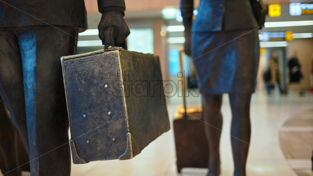 Close up of a pilot and two flight attendants holding luggages sculpture at the Chisinau International Airport in Moldova - Starpik Stock