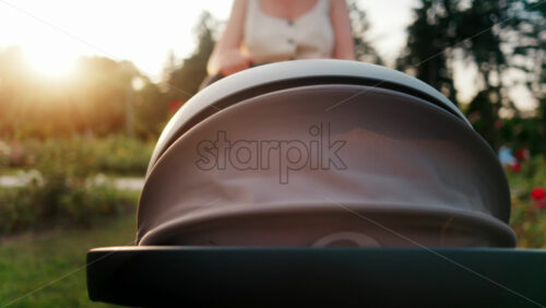 Close up of a stroller being pushed by a mother in the park at sunset - Starpik Stock