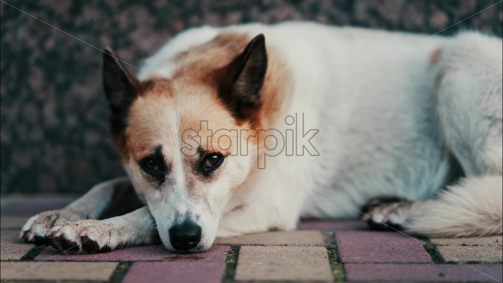Close up of a white and brown dog resting on red and yellow pavement - Starpik Stock