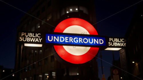 Close up of an Underground sign capturing urban London, England life at night - Starpik Stock