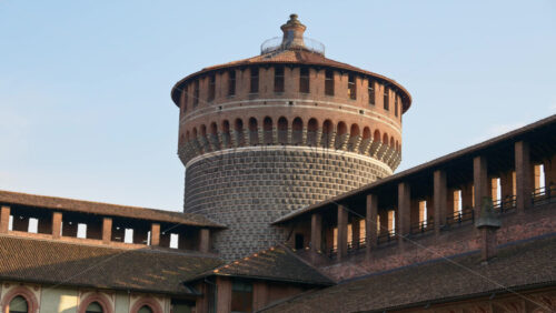 Close up of the Sforzesco Castle over a blue sky in daylight - Starpik Stock