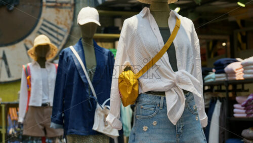 Clothes presented on mannequins in a clothing store - Starpik Stock