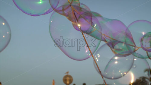Colorful soap bubbles floating against the blue evening sky during a street performance - Starpik Stock