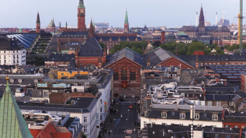 Copenhagen, Denmark – August 4, 2025: Aerial drone view of Sankt Matthaeus Kirke and Tivoli Congress Hall in Vesterbro - Starpik Stock