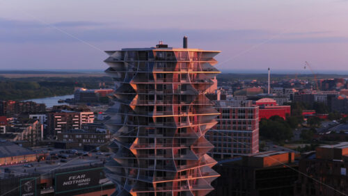 Copenhagen, Denmark – August 4, 2025: Aerial drone view of the iconic twin Cactus Towers near Fisketorvet Mall during sunset - Starpik Stock