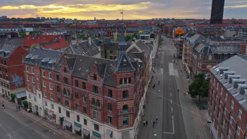 Copenhagen, Denmark – August 4, 2025: Aerial drone view over Norrebrogade and Griffenfeldsgade intersection in Norrebro - Starpik Stock