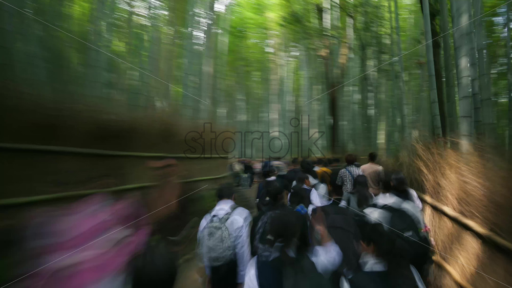 Kyoto, Japan – April 11, 2025: Time lapse of tourists walking through a pathway at the Arashiyama Bamboo Forest in daylight - Starpik Stock