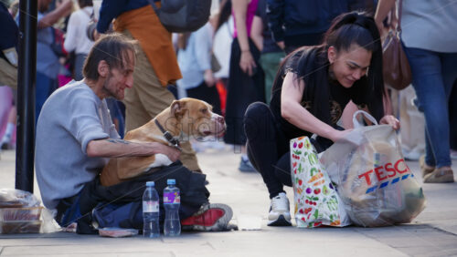 London, England – May 11, 2025: Homeless man sitting on the sidewalk of Piccadilly Circus with a dog while a woman offers food from her bags and pets the dog - Starpik Stock