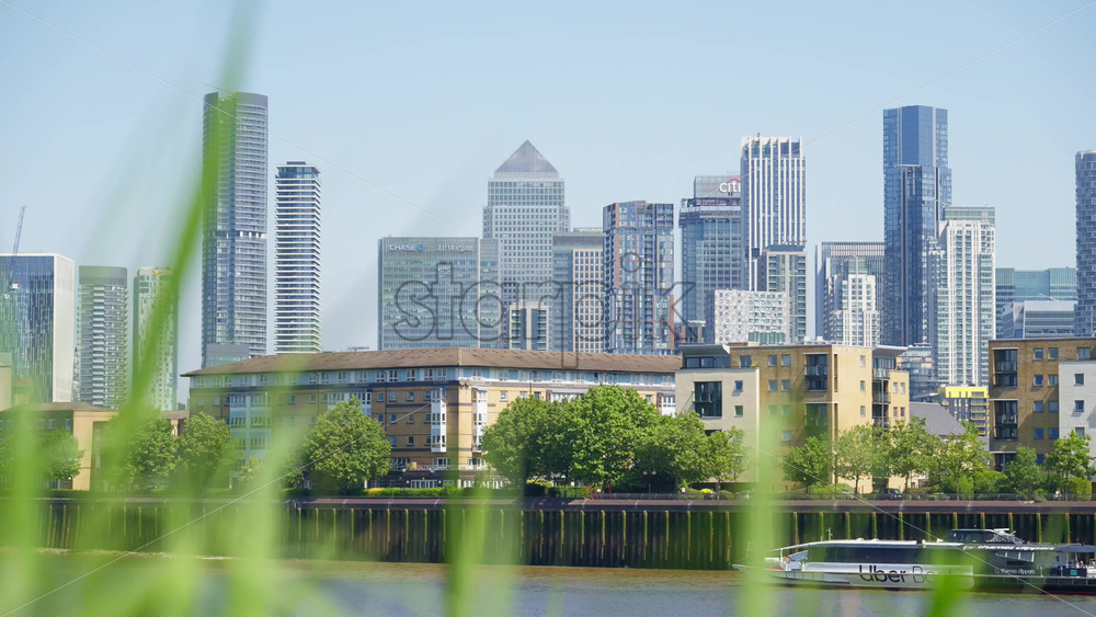 London, England – May 16, 2025: Close up of greenery with the Canary Wharf skyline in the background in daylight - Starpik Stock