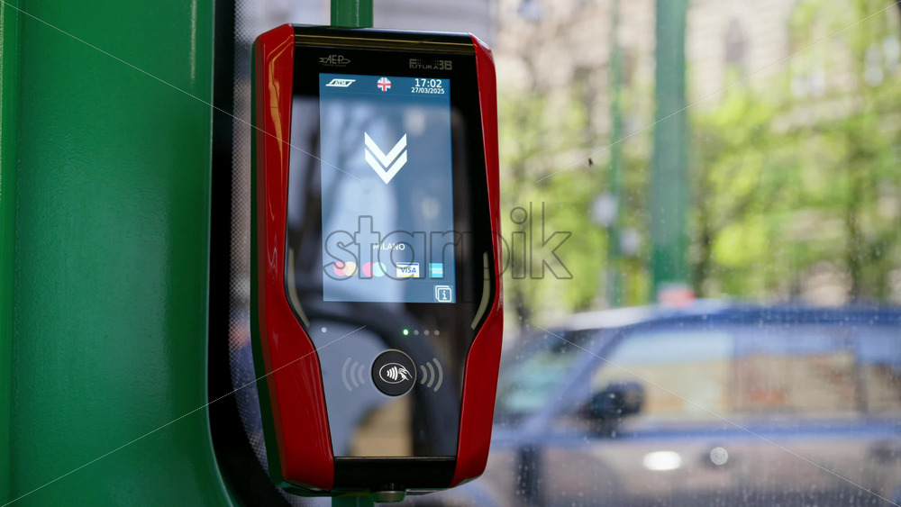 Milan, Italy – March 21, 2025: Close up of a card payment POS terminal for public transportation tickets - Starpik Stock