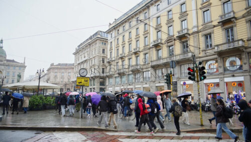 Milan, Italy – March 23, 2025: People holding umbrellas walking in the rain on the street in Milan, Italy - Starpik Stock