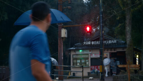 Nara, Japan – April 10, 2025: People moving near a pedestrian crossing at a red light, in the rain. Translation: “Great Buddha Hall Kasugodai, Bus information center” - Starpik Stock
