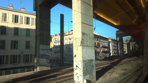 Nice, France – July 7, 2025: Station platform, viewed from train at the Nice-Ville Station - Starpik Stock