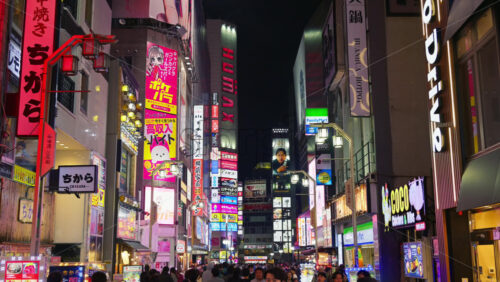 Tokyo, Japan – April 12, 2025: View of the vibrant life of Shinjuku City with people moving on the streets with lighted buildings in the evening. Translation: “Company names” - Starpik Stock