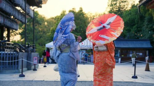 Video – Kyoto, Japan – April 11, 2025: Two Japanese women wearing blue and orange traditional clothes holding umbrellas at the Maruyama Park at sunset - Starpik Stock