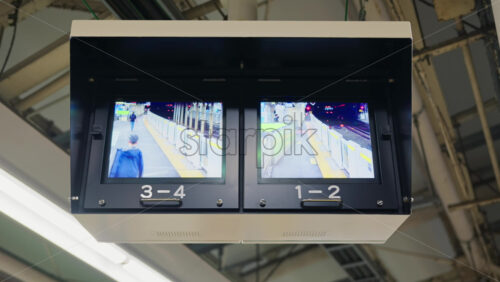 Video - Kyoto, Japan - April 11, 2025: Two screens showing the railway station in the evening in Tokyo, Japan