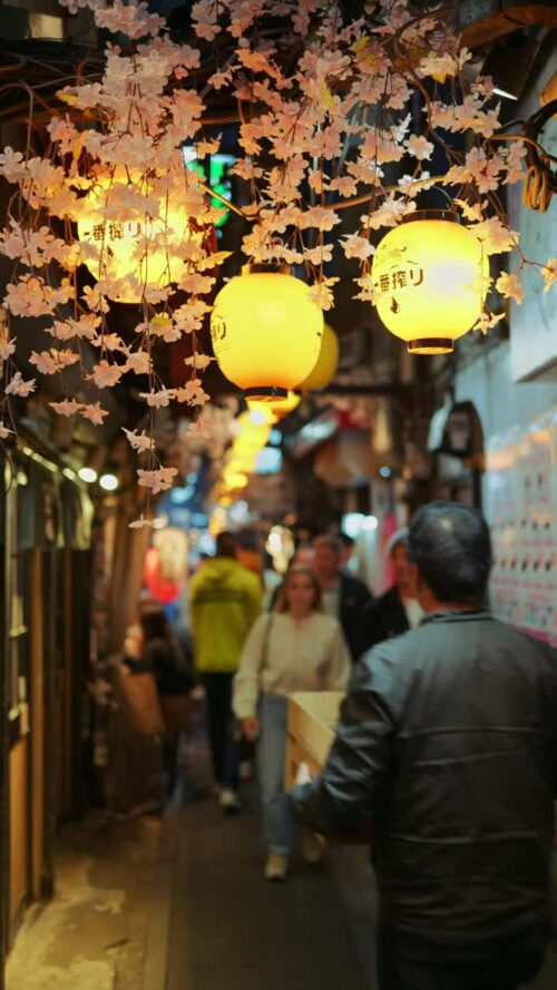 Video – Shinjuku, Japan – April 12, 2025: Lighted paper lanterns hanging with cherry blossom flower decorations on the on the Omoide Yokocho Memory Lane in the evening. Translation:”Restaurant name”. Vertical - Starpik Stock