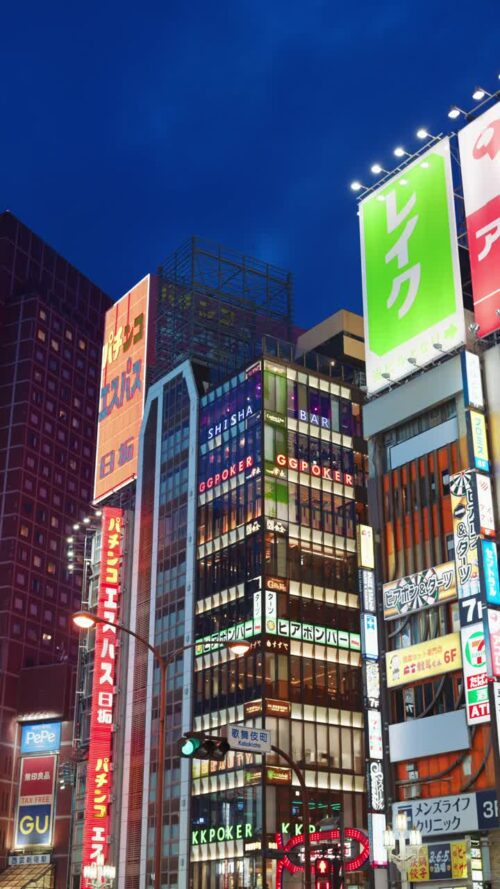 Video – Tokyo, Japan – April 12, 2025: View of the vibrant life of Shinjuku City with people and cars moving on the streets with lighted buildings in the evening. Translation: “Kabukicho impact”. Vertical - Starpik Stock