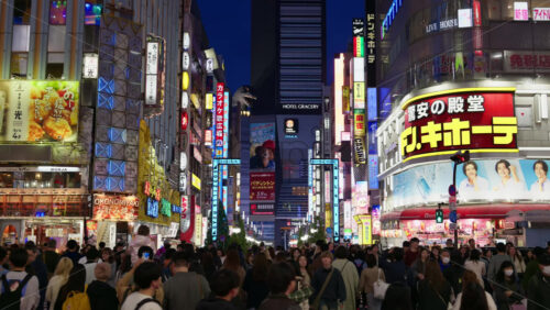 Video - Tokyo, Japan - April 12, 2025: View of the vibrant life of Shinjuku City with people moving on the streets with lighted buildings in the evening. Translation: "Company names"